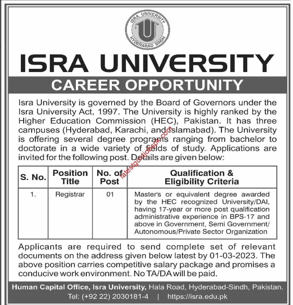 2023 ISRA University Registrar Jobs