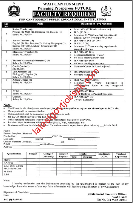 2023 Wah Cantonment Teaching Staff Jobs