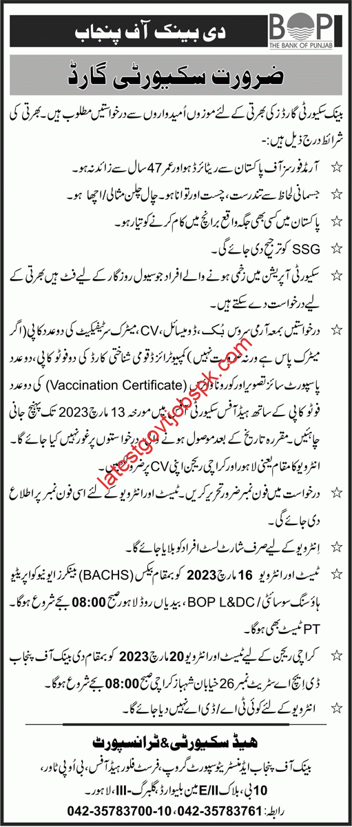 Bank of Punjab Security Guard Jobs