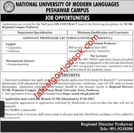 Faculty Jobs 2023 at NUML University Peshawar Campus