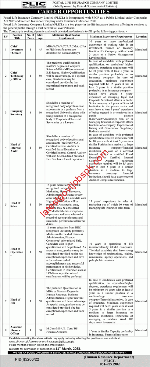 Islamabad Jobs 2023 at PLIC
