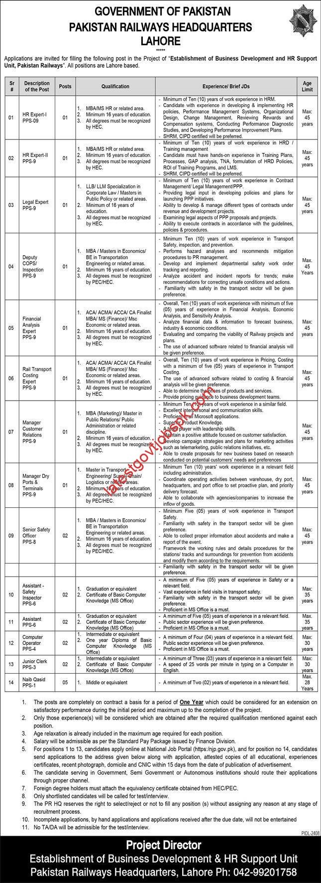 Jobs at Pakistan Railways Headquarter Lahore