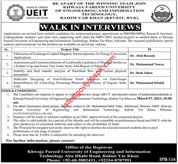 Khawaja Fareed UEIT Research Assistant Jobs