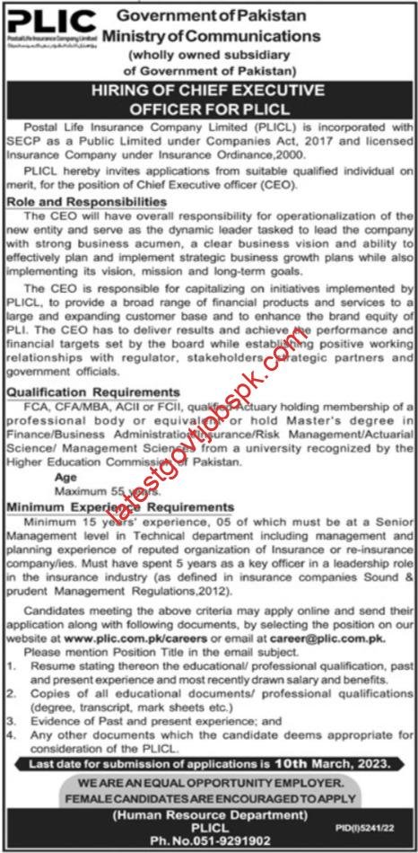 Ministry of Communications CEO Jobs 2023 at PLIC