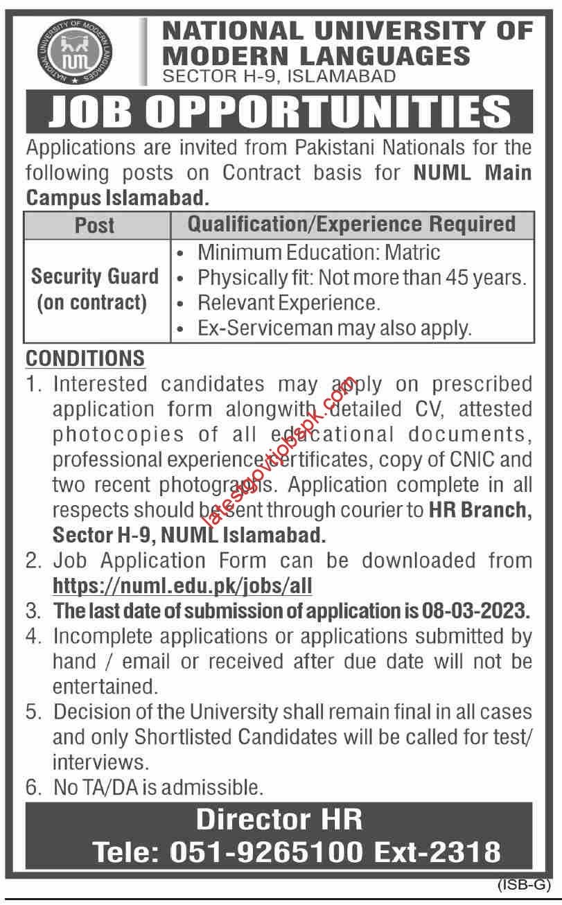 NUML Jobs 2023 at National University of Modern Languages