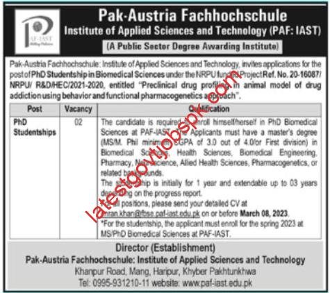 PAF IST PhD Studentship Jobs in 2023 at the Pakistan Austria Fachhochschule