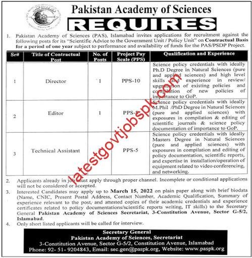 Pakistan Academy of Sciences PAS Management Jobs