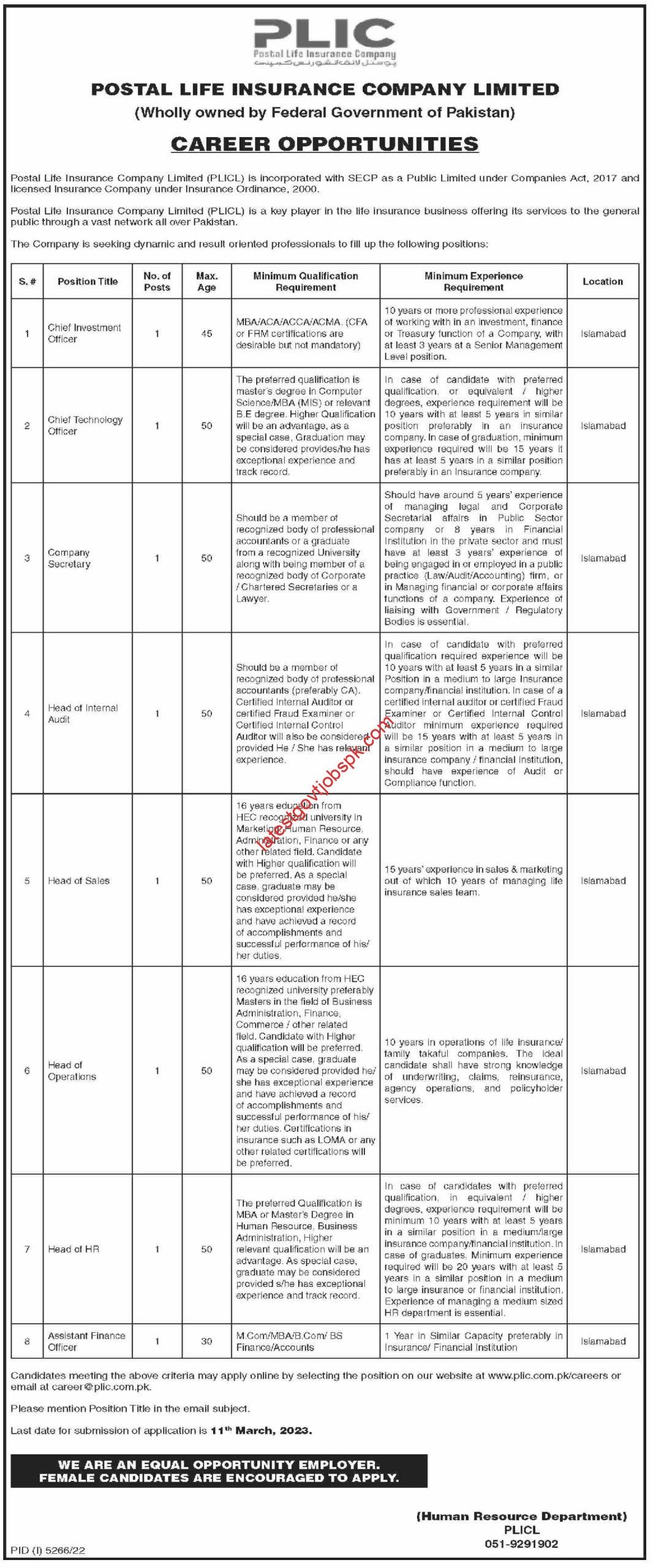 PLIC Jobs 2023 at Postal Life Insurance Company