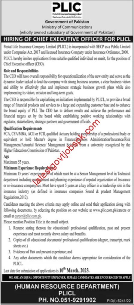 PLIC Ministry of Communications CEO jobs