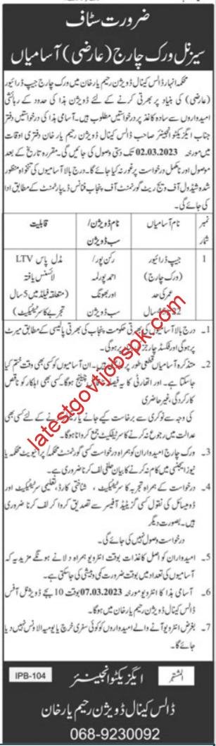 Rahin Yar Khan 2023 Jeep Driver Jobs in the Irrigation Department