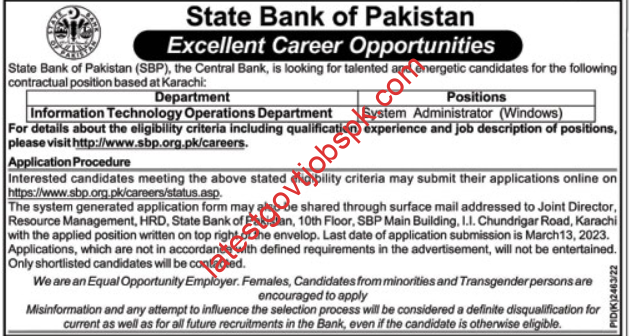 SBP Karachi System Administrator Jobs