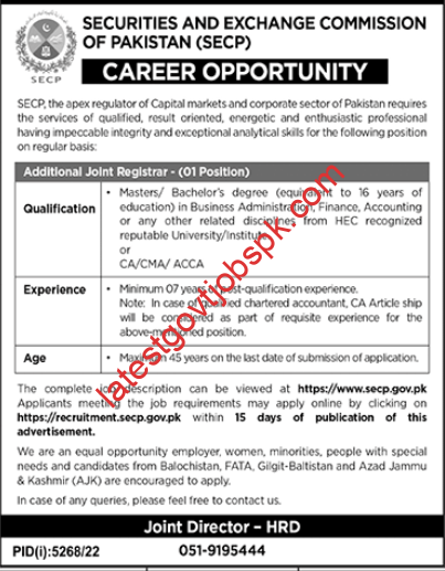 SECP Islamabad has additional joint registrar jobs