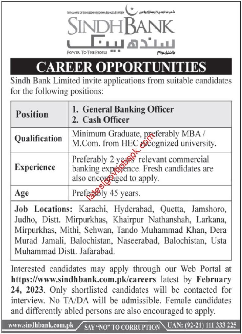 Sindh Bank Limited 2023 General Banking & Cash Officer Jobs | Yari.pk