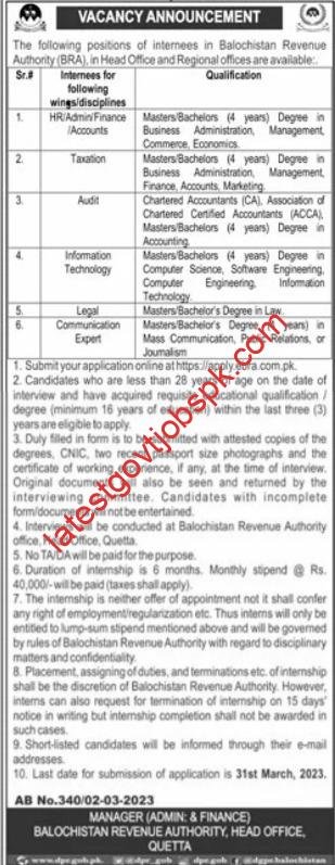 Balochistan Revenue Authority BRA Internship Vacancies