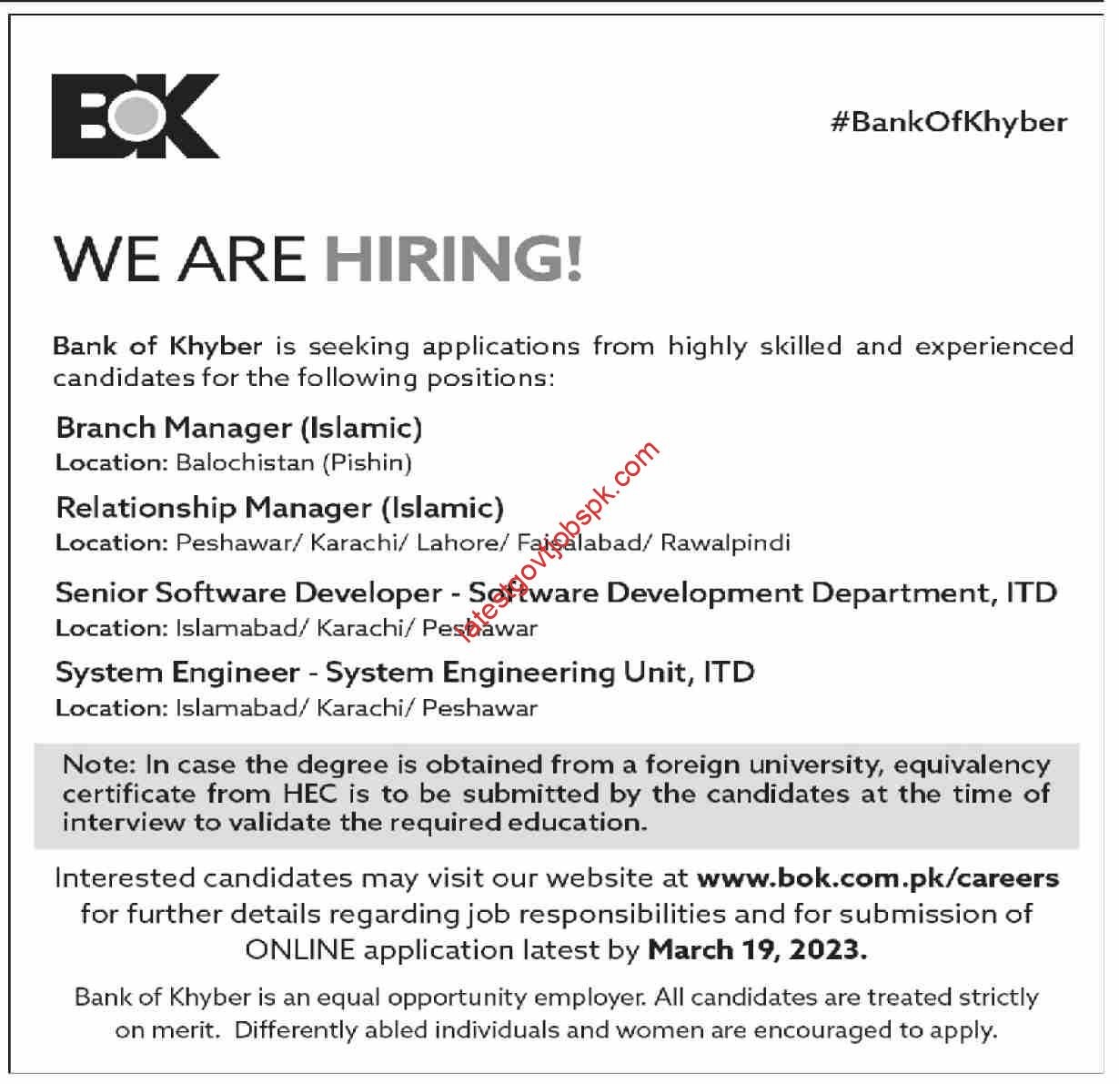 BOK Jobs 2023 at Bank of Khyber