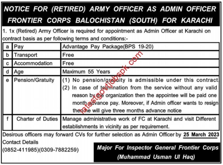 Fresh Admin Officer Job Opportunities at Frontier Corps