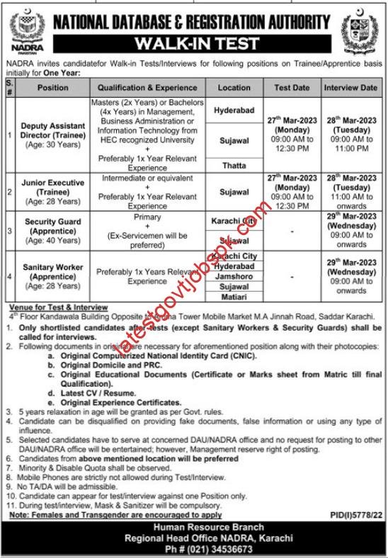 Fresh Job Interviews at the NADRA Regional Head Office in Karachi 2023