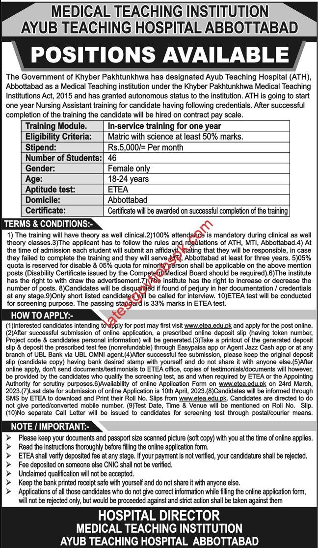 Fresh Job Listings: Nursing Assistant Trainee Program at Ayub Teaching Hospital ATH