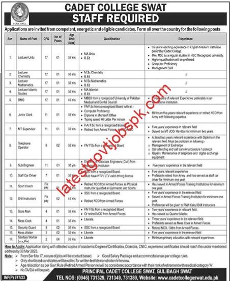 Fresh Job Openings: Teaching and Non-Teaching Positions at Cadet College Swat – 2023