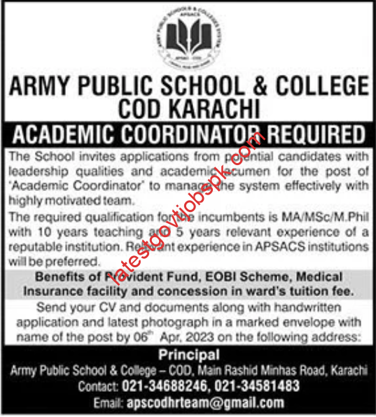 Fresh Jobs at Army Public School and College Karachi 2023