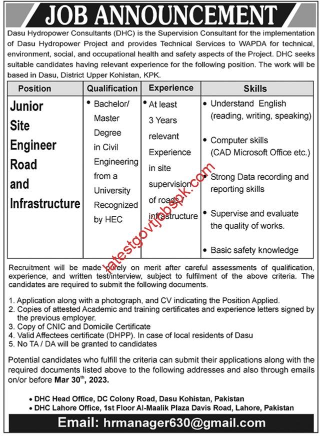 Fresh Jobs at Dasu Hydropower Consultants DHC 2023