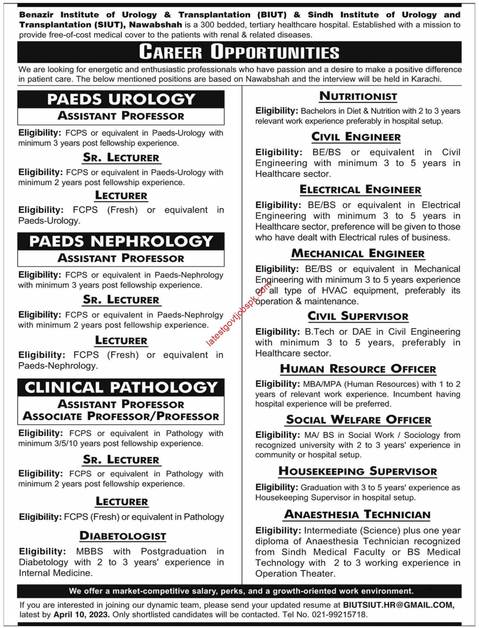 Fresh Jobs at Sindh Institute of Urology & Transplantation SIUT 2023