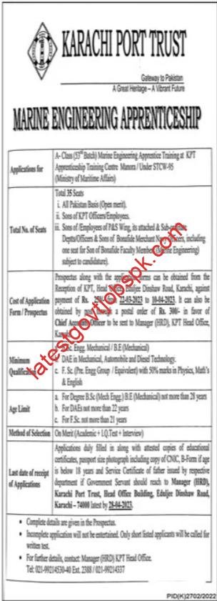 Fresh Jobs In Apprenticeship in Marine Engineering at Karachi Port Trust 2023