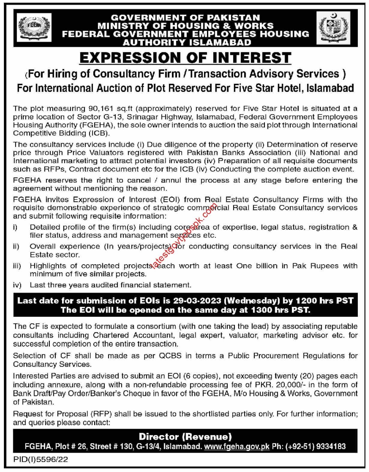 Fresh Jobs in the Ministry of Housing and Works Islamabad 2023