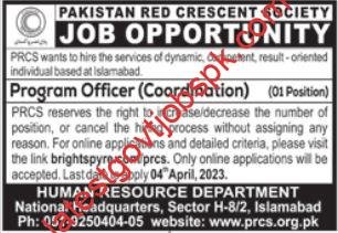 Fresh opening In Pakistan Red Crescent Society PRCS