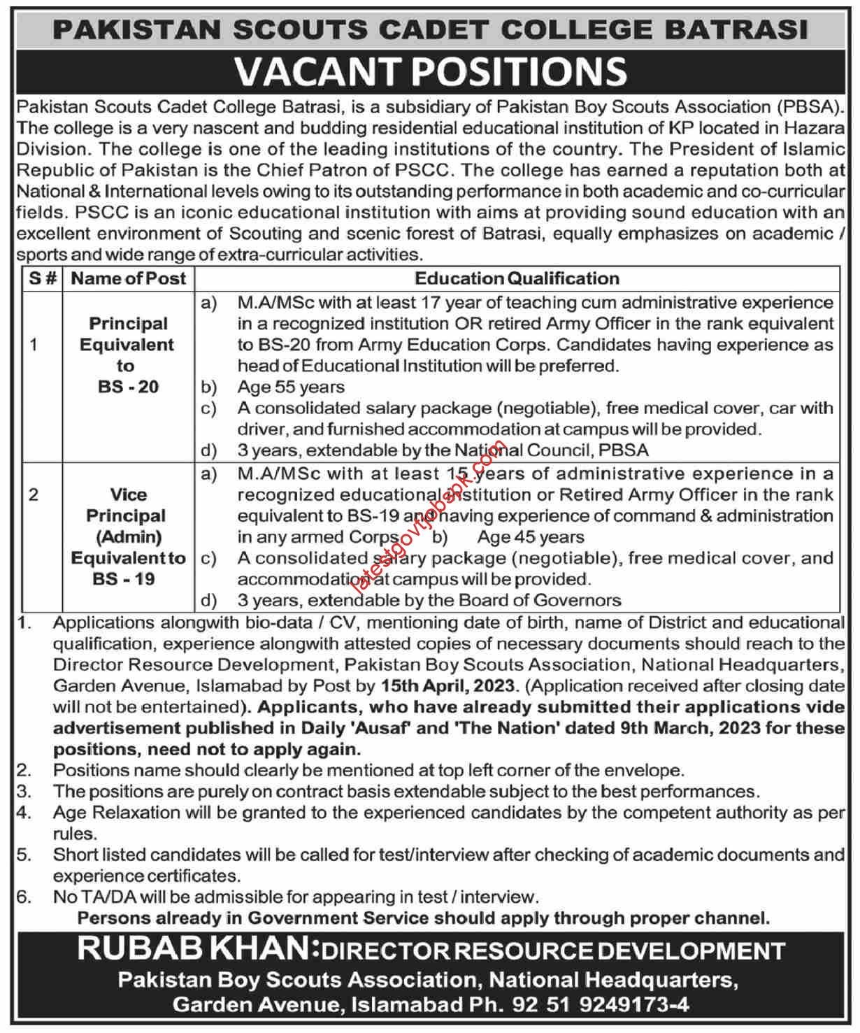 Fresh Vacancies at Pakistan Scouts Cadet College