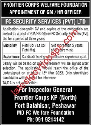Frontier Corps Welfare Foundation GM HR Officer Jobs