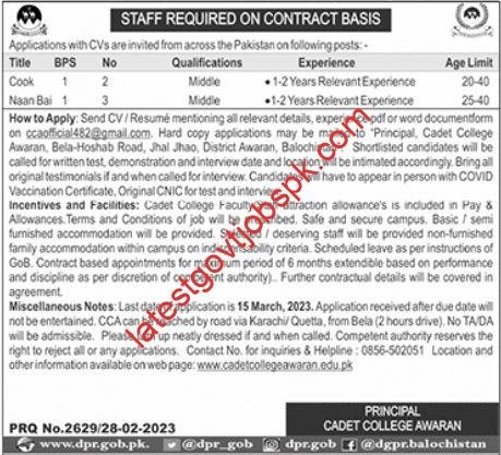 Jobs at Cadet College Awaran as a Cook & Naan Bai