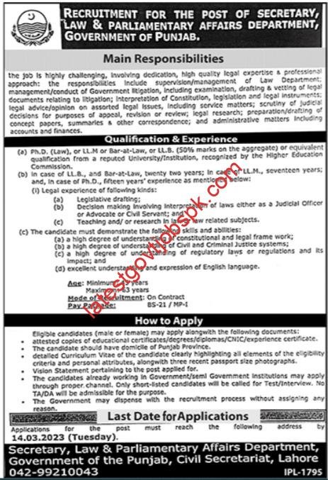 Jobs in Law & Parliamentary Affairs Department 2023