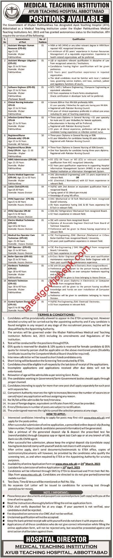 Latest ETEA Jobs 2023 at MTI Ayub Teaching Hospital