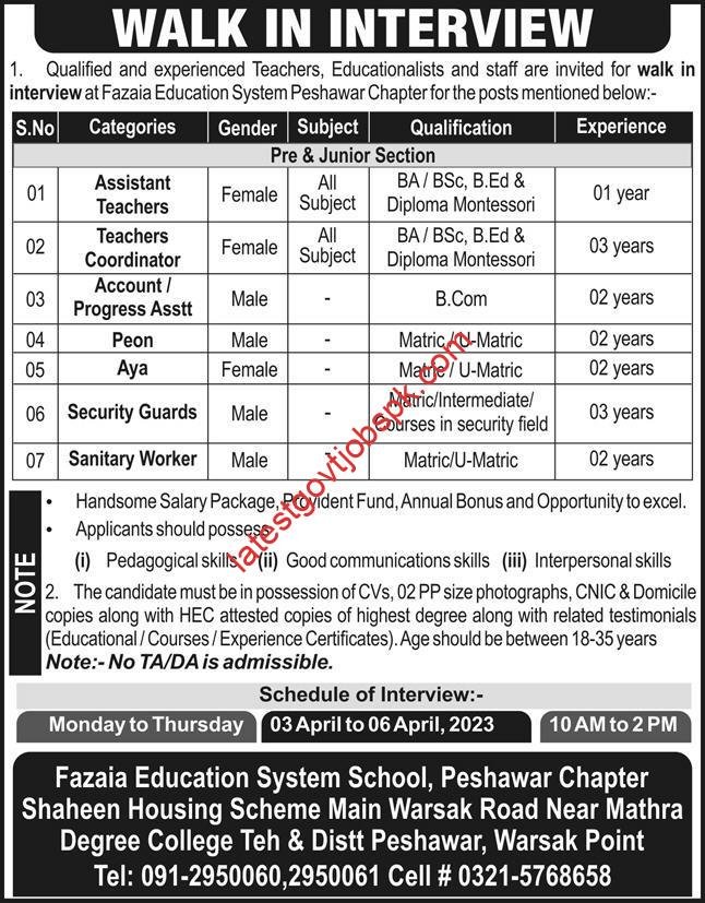 Latest Job Announcements Fazaia Education System School Peshawar Interviews 2023