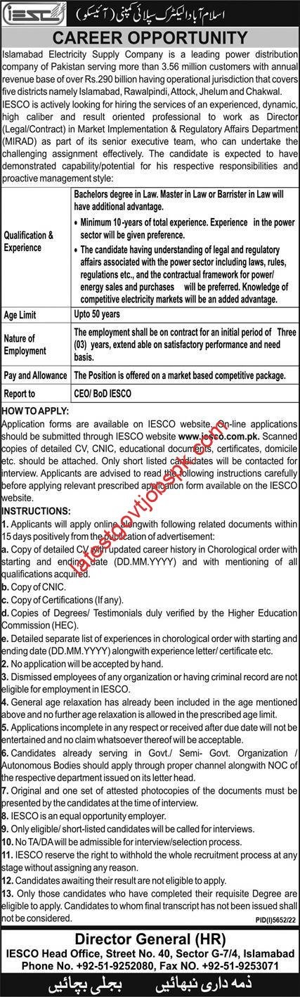 Latest Job Openings: Director Legal Contract Jobs in Islamabad Electricity IESCO