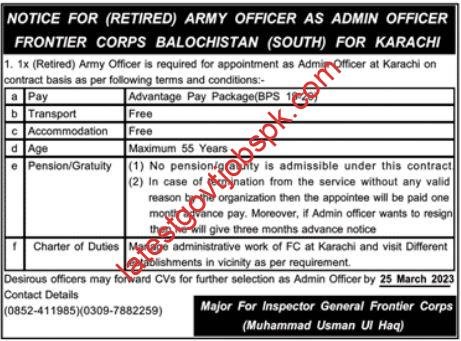 Latest Job Vacancy at Frontier Corps FC Balochistan