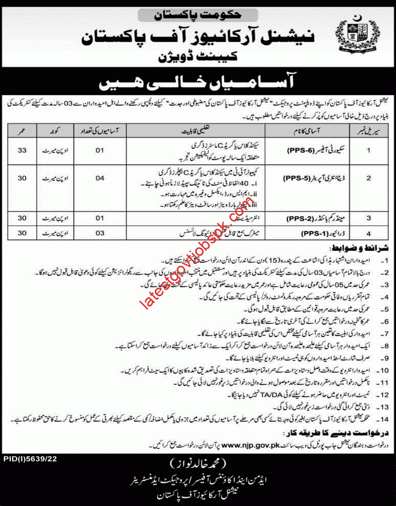 Latest Jobs At National Archives of Pakistan 2023 Cabinet Division