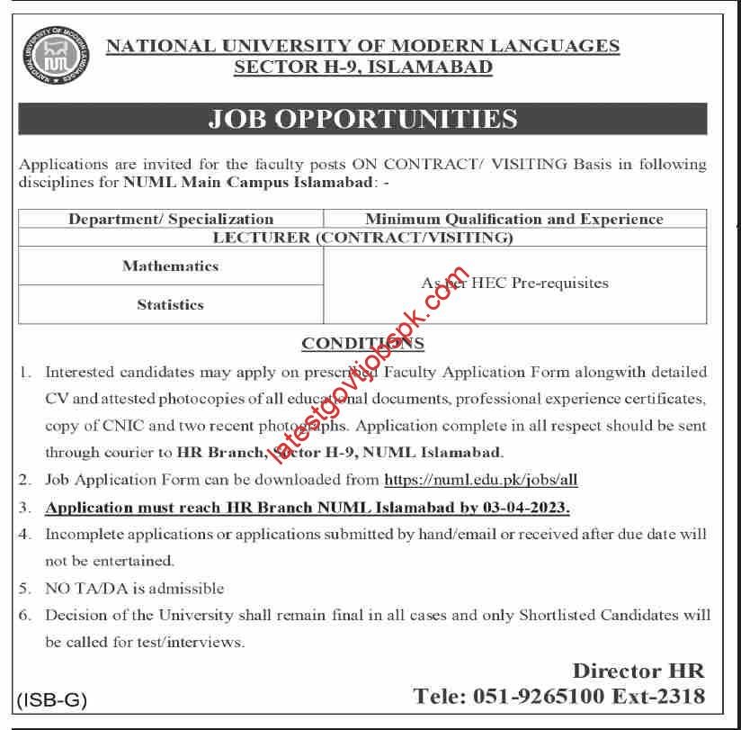 Latest Jobs at NUML University Main Campus  2023