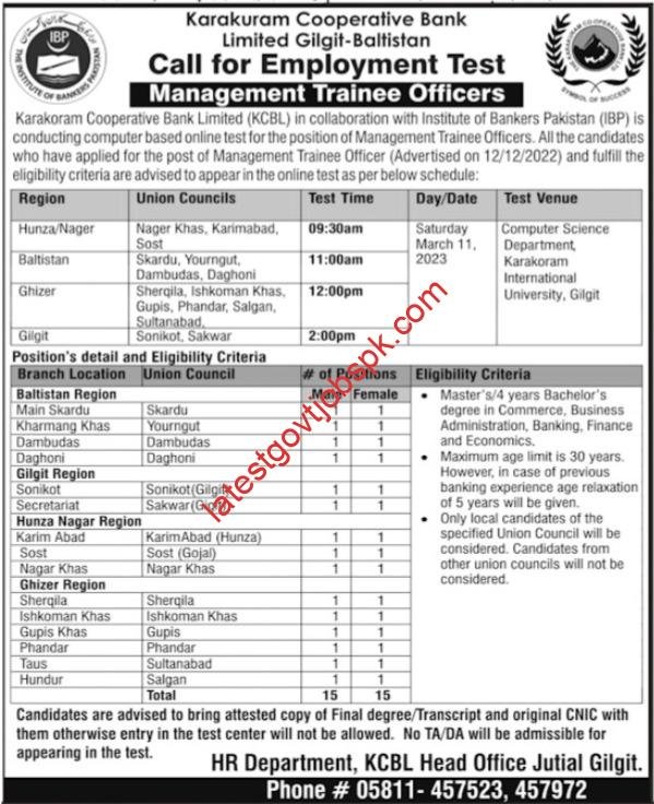 Latest Karakuram Cooperative Bank Trainee Officer Test