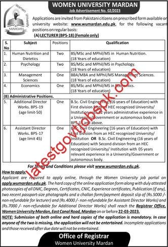 Latest Mardan University Lecturer Jobs 2023 for Women