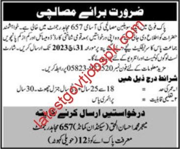 Latest Masalchi Job Openings in Pak Fauj 657 Mujahid Regiment