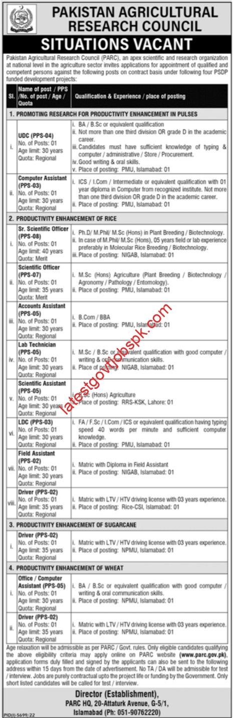 Latest Positions Vacant at Pakistan Agricultural Research Council