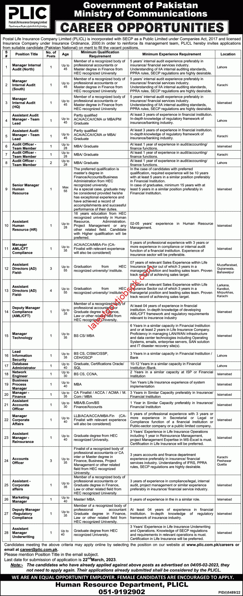 Latest Postal Life Insurance Company PLIC Audit Officer Jobs