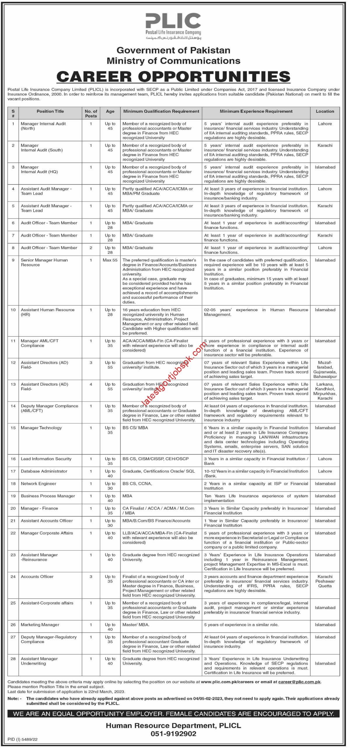 Latest Postal Life Insurance Company PLIC Job Opportunities