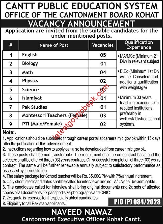 Latest Teaching Jobs in Cantt Public Education System 2023