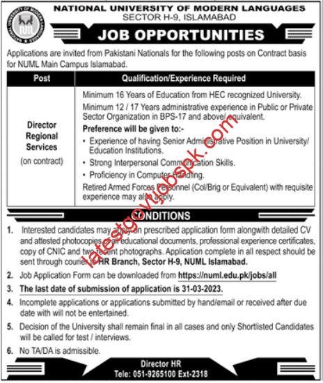 Latest Vacancy Available at NUML Islamabad