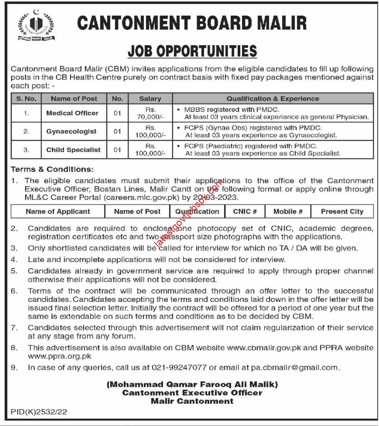 Medical Staff Jobs in Malir Cantonment Board 2023