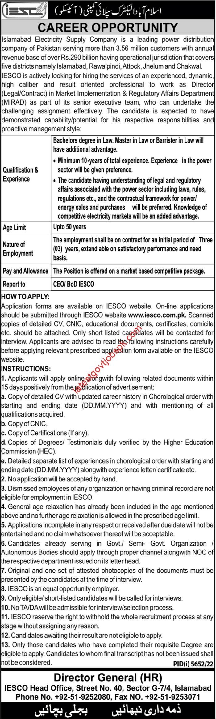 New Director Legal & Contract Job Vacancies at IESCO – 2023