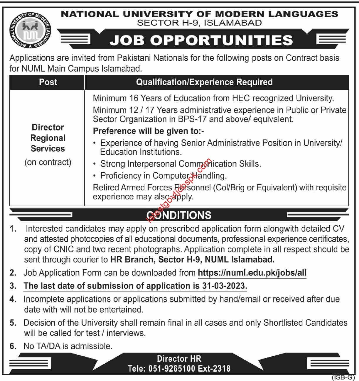 New Job Opening Vacant Post at NUML Islamabad